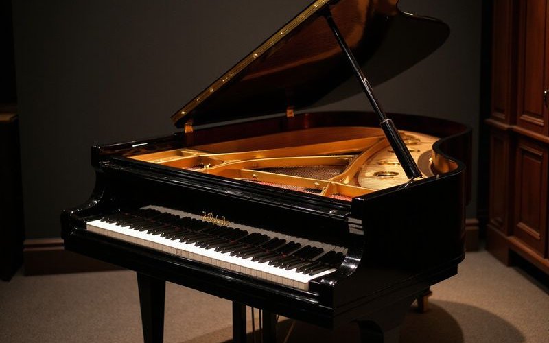 Baby grand piano with lid open