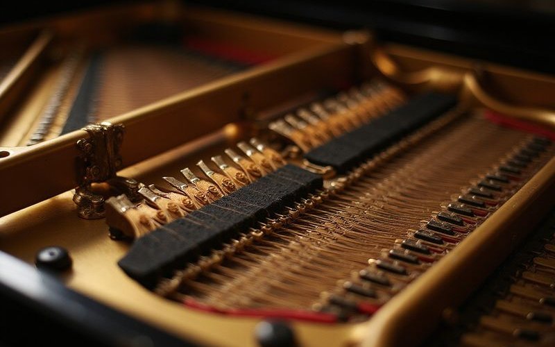 Detail of piano strings and hammers showing quality craftsmanship