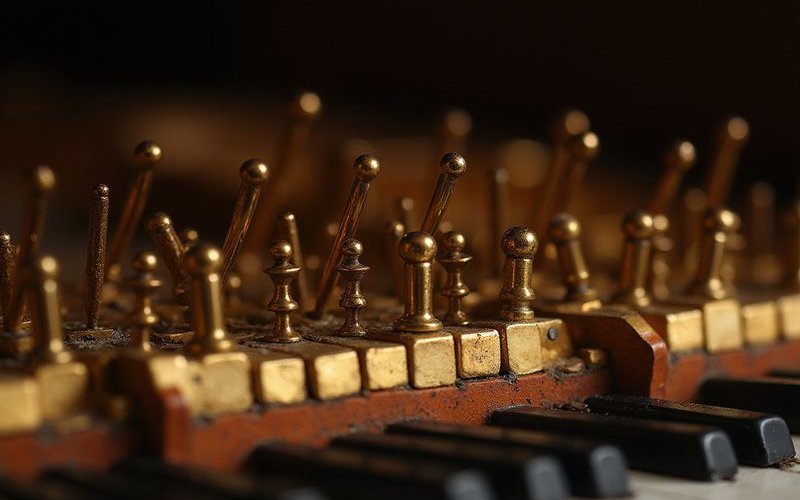 Close-up of piano strings and tuning pins