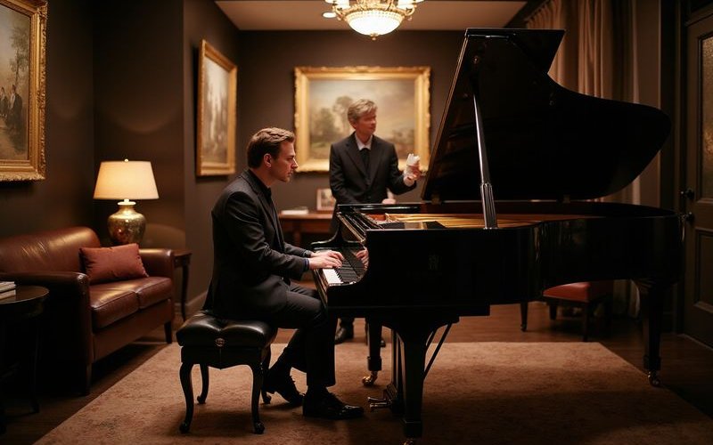 Customer trying a grand piano in our showroom viewing room