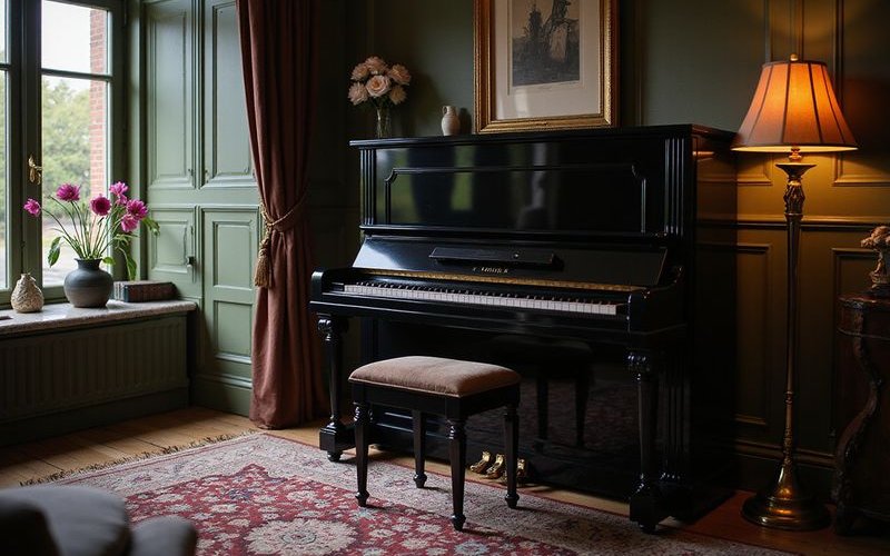 Upright piano in a living room setting