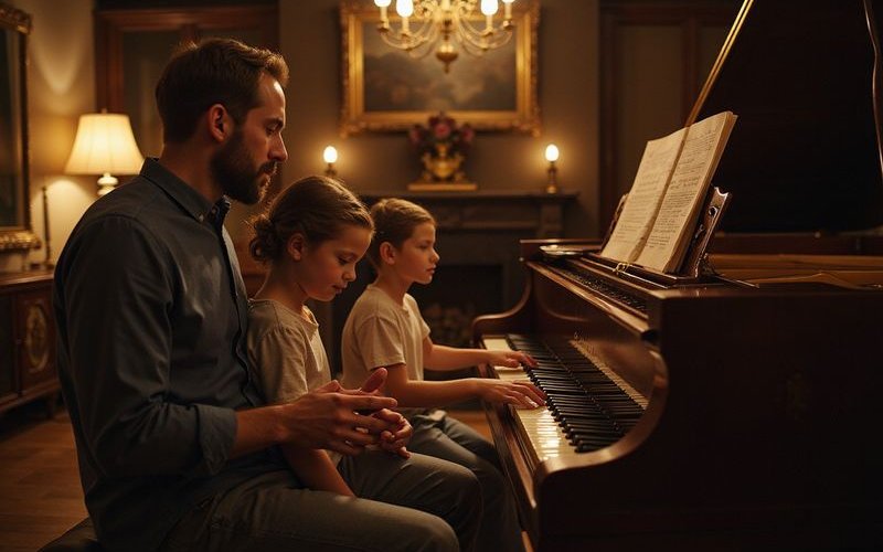 Family enjoying a grand piano at home