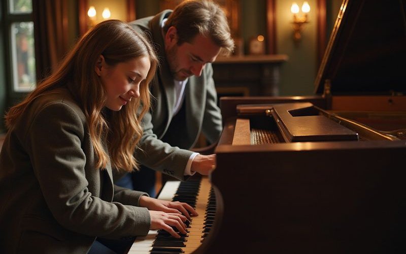 Family trying an upright piano in a showroom