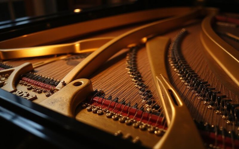 Interior view of grand piano strings and soundboard
