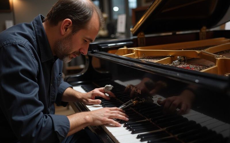 Technician carefully inspecting piano action and hammers