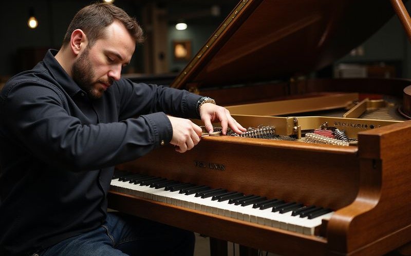Technician carefully adjusting piano action mechanism